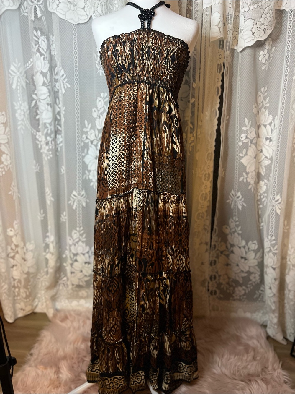 Y2k Smocked Strapless Brown Animal-Print Maxi Dress Medium